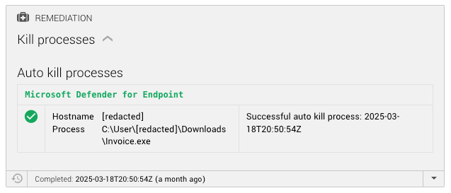 An example of an auto remediation alert for the kill process task. 